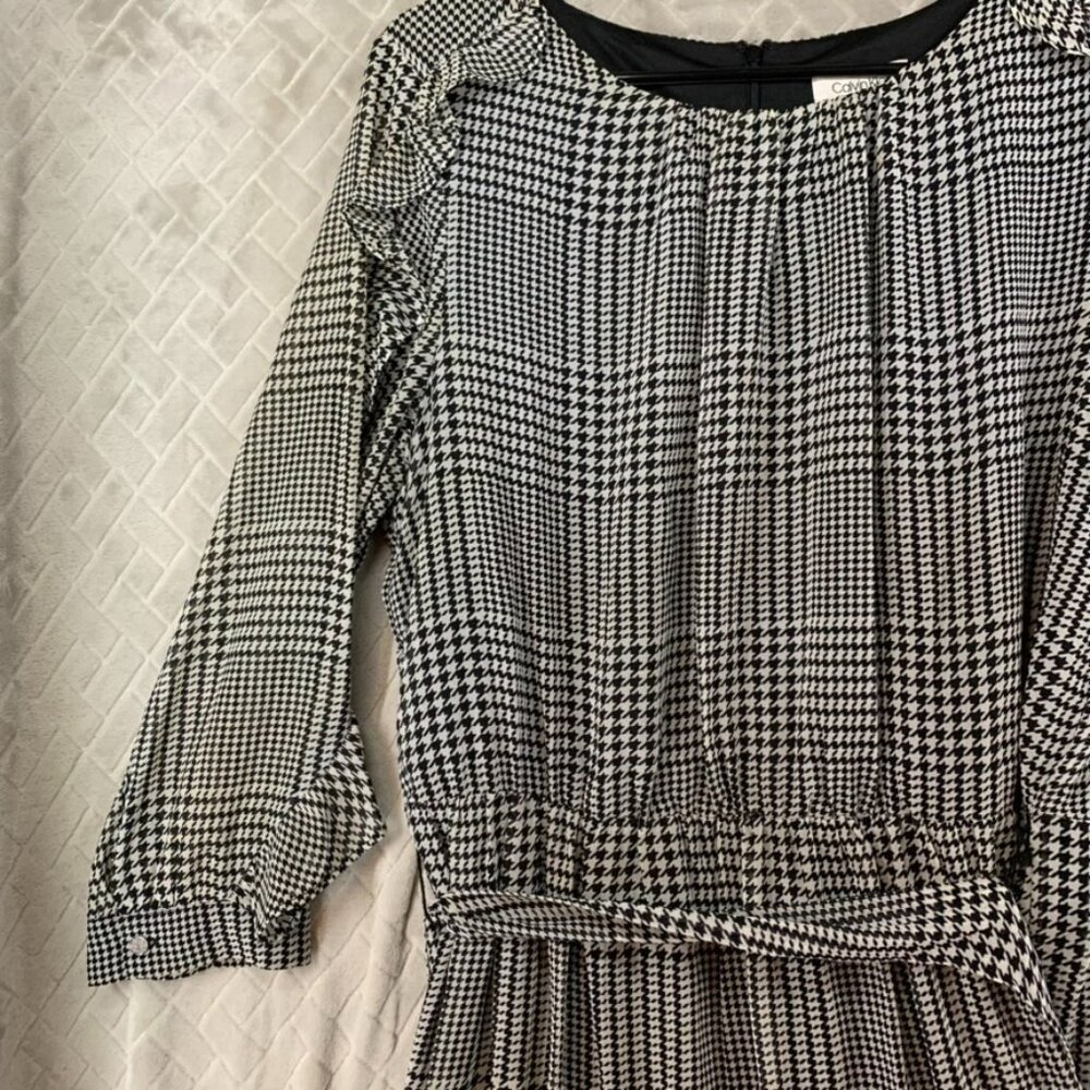 Calvin Klein Womens M Mini Dress Black White Houndstooth Long Sleeve with Belt - Picture 3 of 16